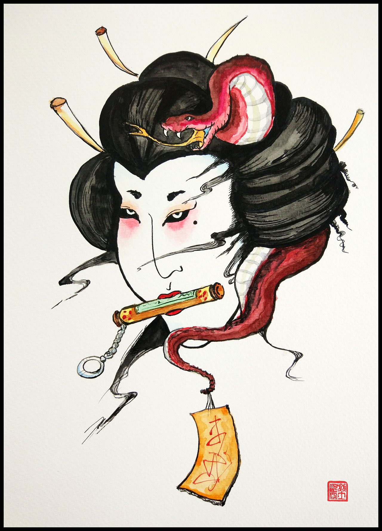 水彩涂鸦作品日本妖怪飞头萤恐怖|插画|新锐潮流插画|大白嘿嘿 - 原创