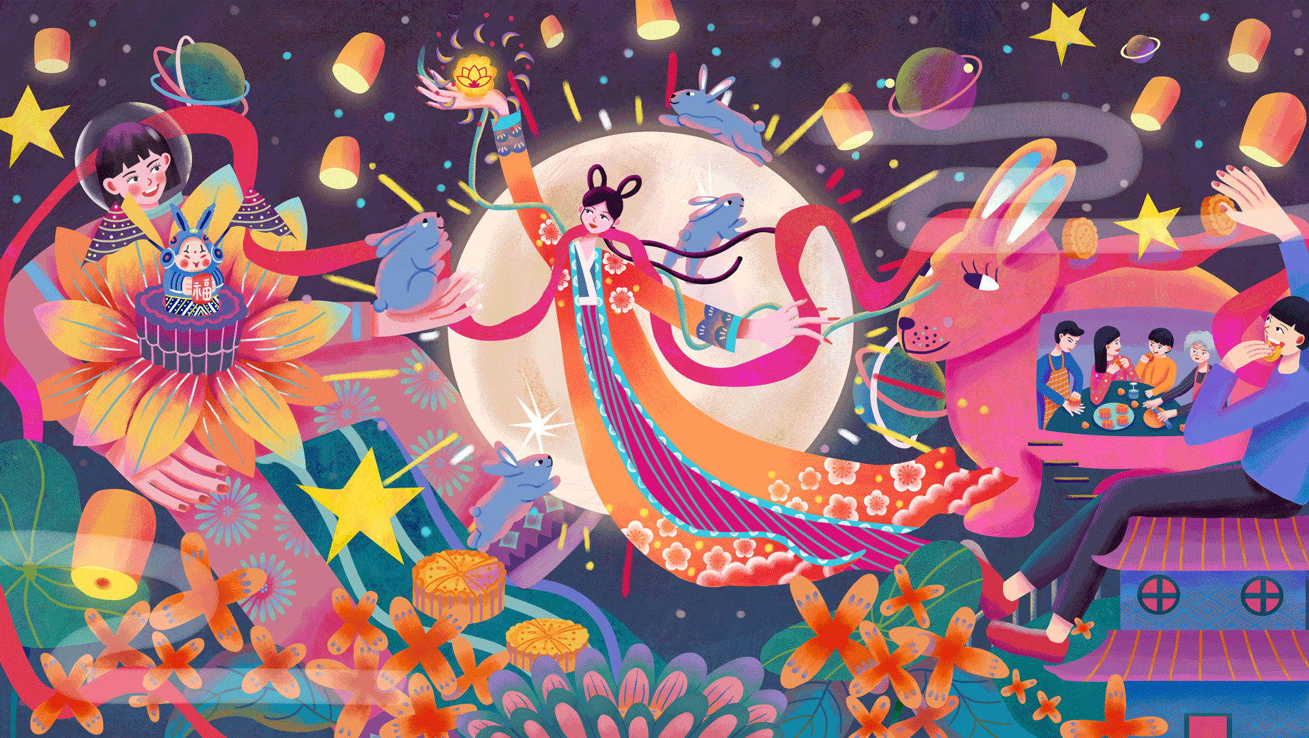 又到了一年一度的中秋节，今年的小兔子们又在争夺嫦娥姐姐的“超级月饼”！所以由太空中的小女孩为兔子们保驾护航，就连兔爷也为她们加油助威！一旁的地球人忙着吃月饼和团圆！
