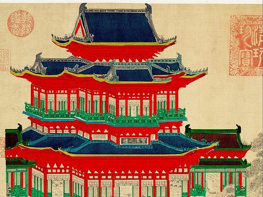 工笔画龙舟竞渡图中的宋代建筑宝津楼上色图欣赏