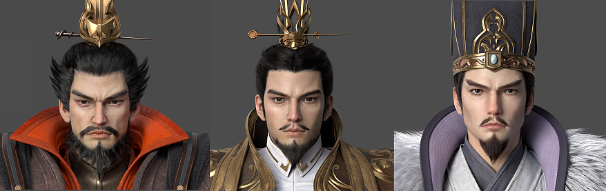 【曹操、刘备、诸葛亮人物形象展示图】
战火纷飞,英雄辈出的时代,给后世留下了难以磨灭的印记。本次CG的剧情中,涉及到的主要人物有神机妙算的卧龙先生-诸葛亮、仁义双全的刘备、乱世奸雄曹操。