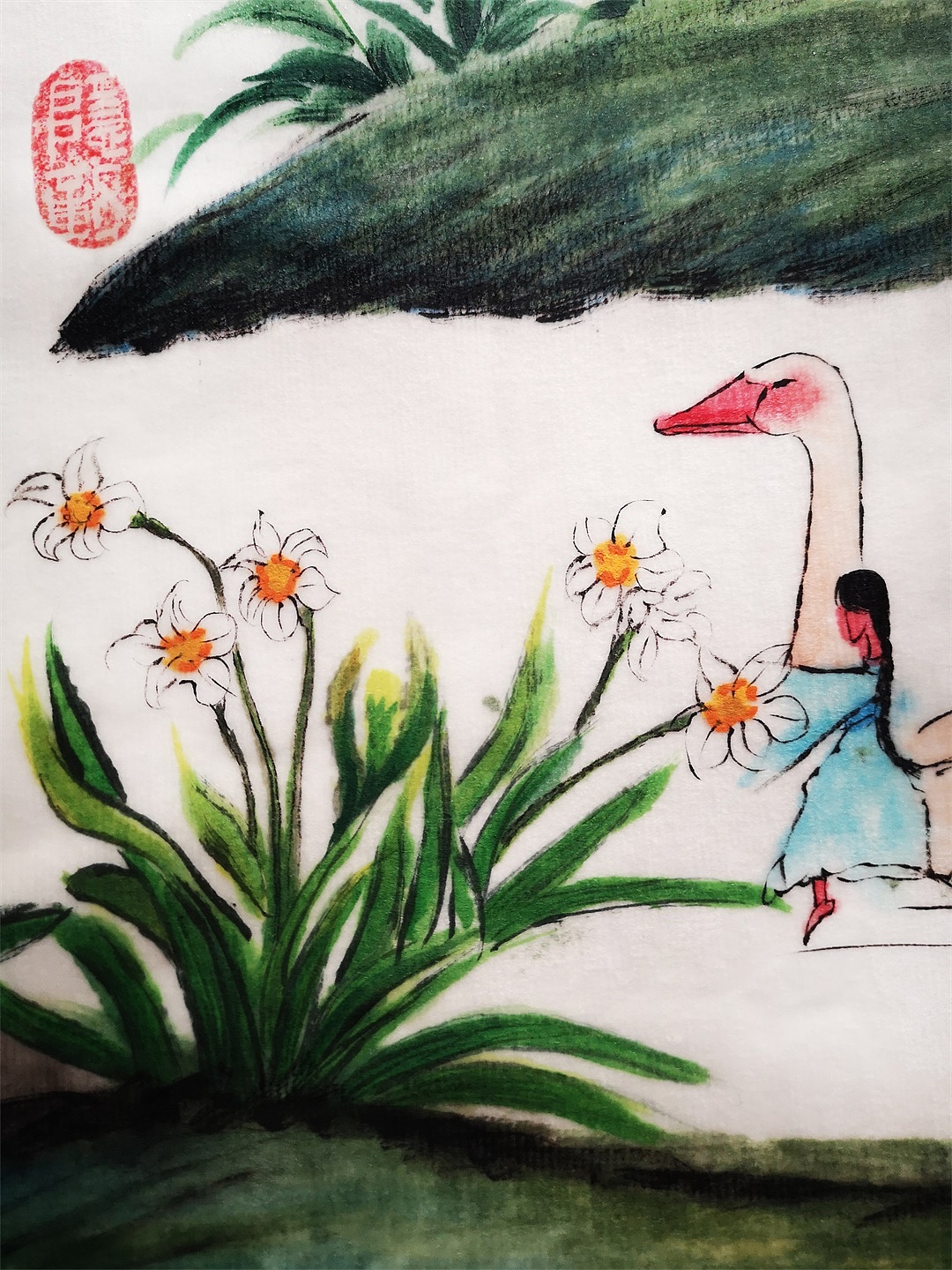 国画天鹅水仙花汉服小人姑娘芦苇