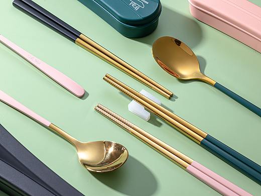 餐具拍摄 糖果色金属牛排刀西餐叉电商