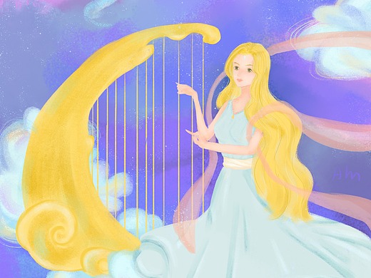 星空中弹竖琴的少女