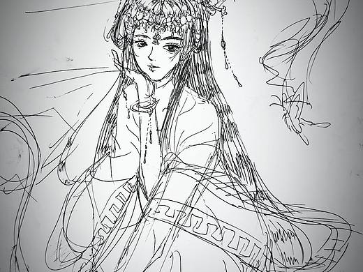 黑白古风少女手绘