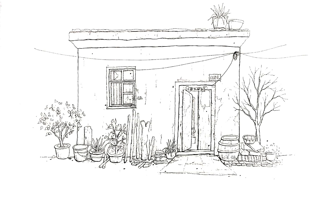 钢笔淡彩老房子线稿