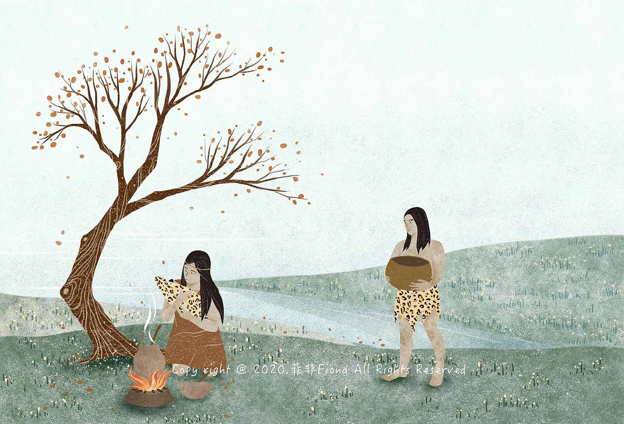 一组关于原始人生活的插画