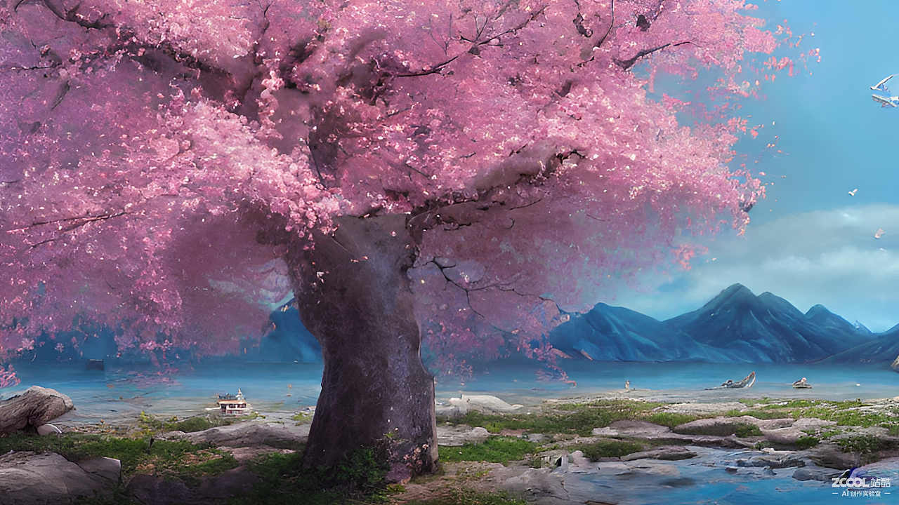 #AI创作实验室#悬浮的小岛，樱花树，云，花瓣飞舞（图ZMzIwNTMwNzAw） - AI作品 - 站酷设计师雨滴哦原创素材 - 站酷ZCOOL