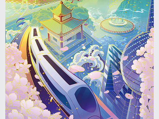 高铁丝巾插画——京沪高铁线