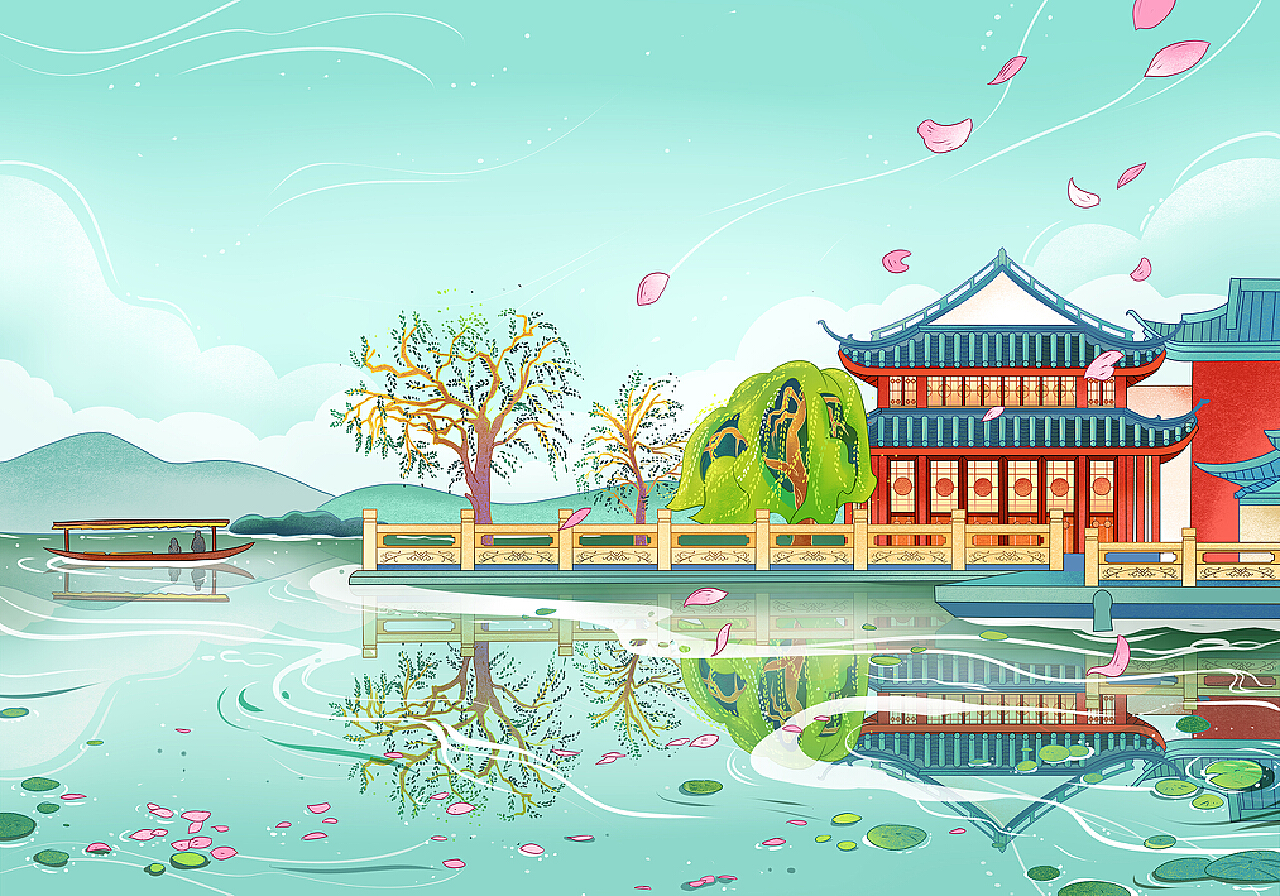 【西湖十景】杭州主题国风插画 |插画|创作习作|简爱手绘_原创作品-站酷ZCOOL
