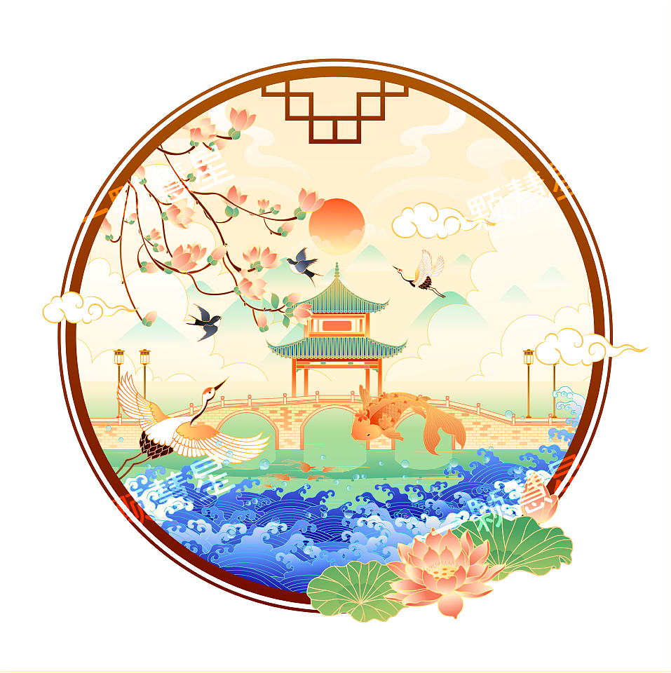 国风园林山水（图ZMjU2NTE0NDA0） - 商业插画 - 站酷设计师晚风在画画原创素材 - 站酷ZCOOL