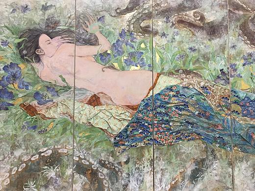 《章鱼与海女》岩彩作品