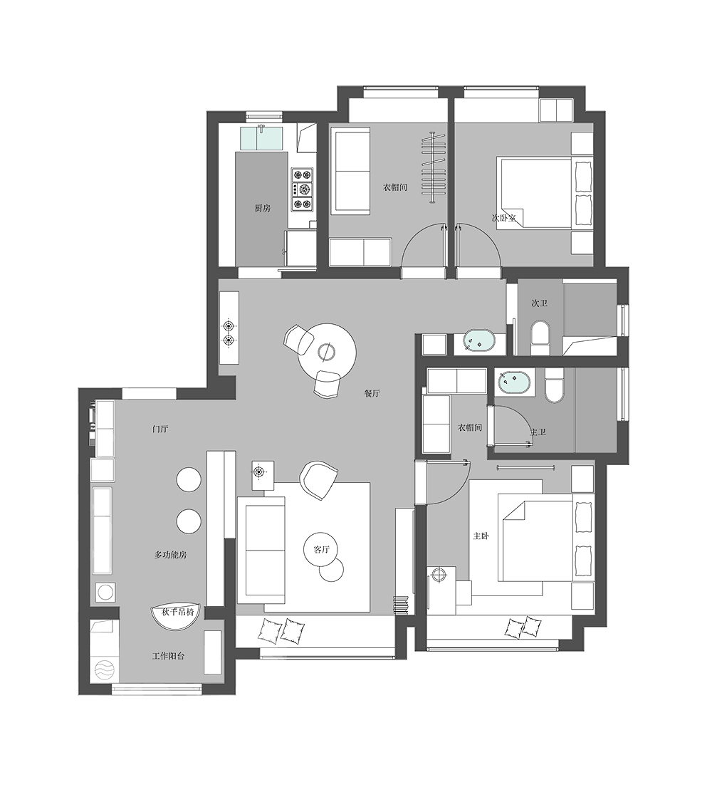 平面布局图  br>由于是精装房,结合业主的需求和预算,原始的厨房和