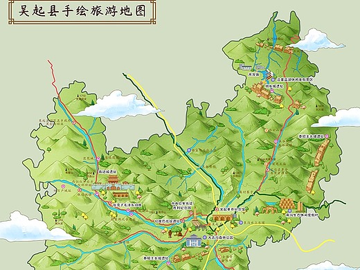 吴起县旅游手绘地图插画-商业插画656331年前全省首个文体手绘地图