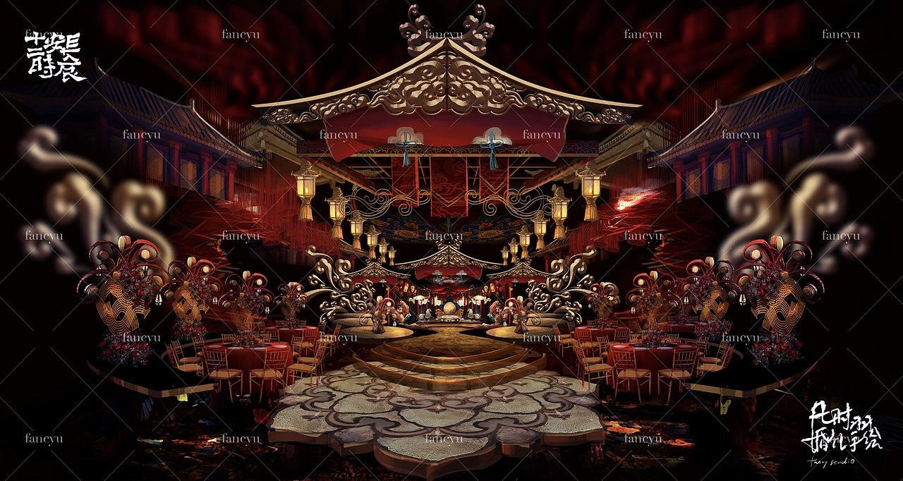 「长安十二时辰」中式唐风主题婚礼手绘效果图