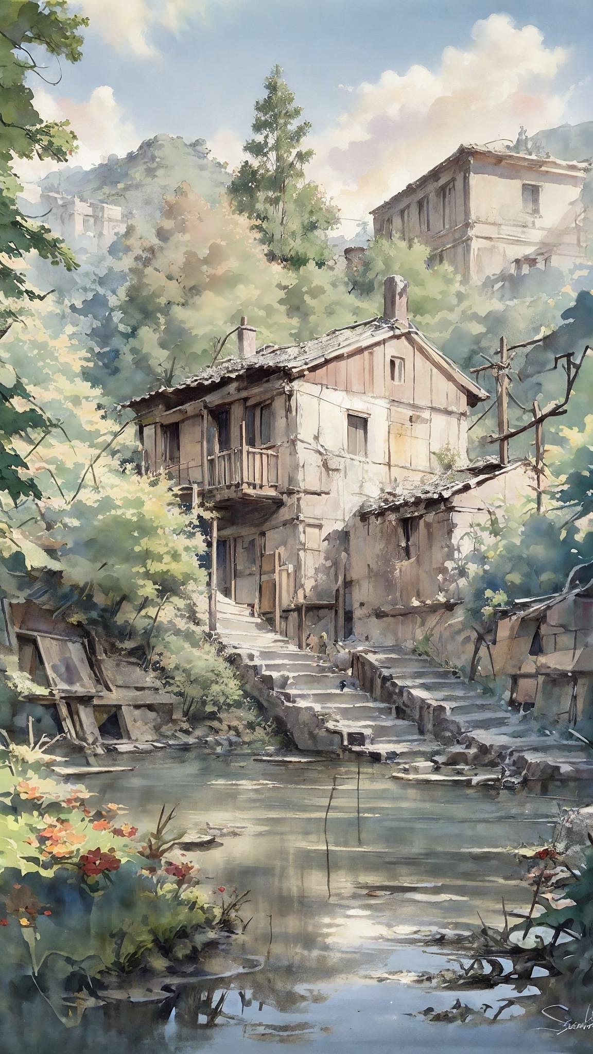 AI原创设计 古村落水彩风格