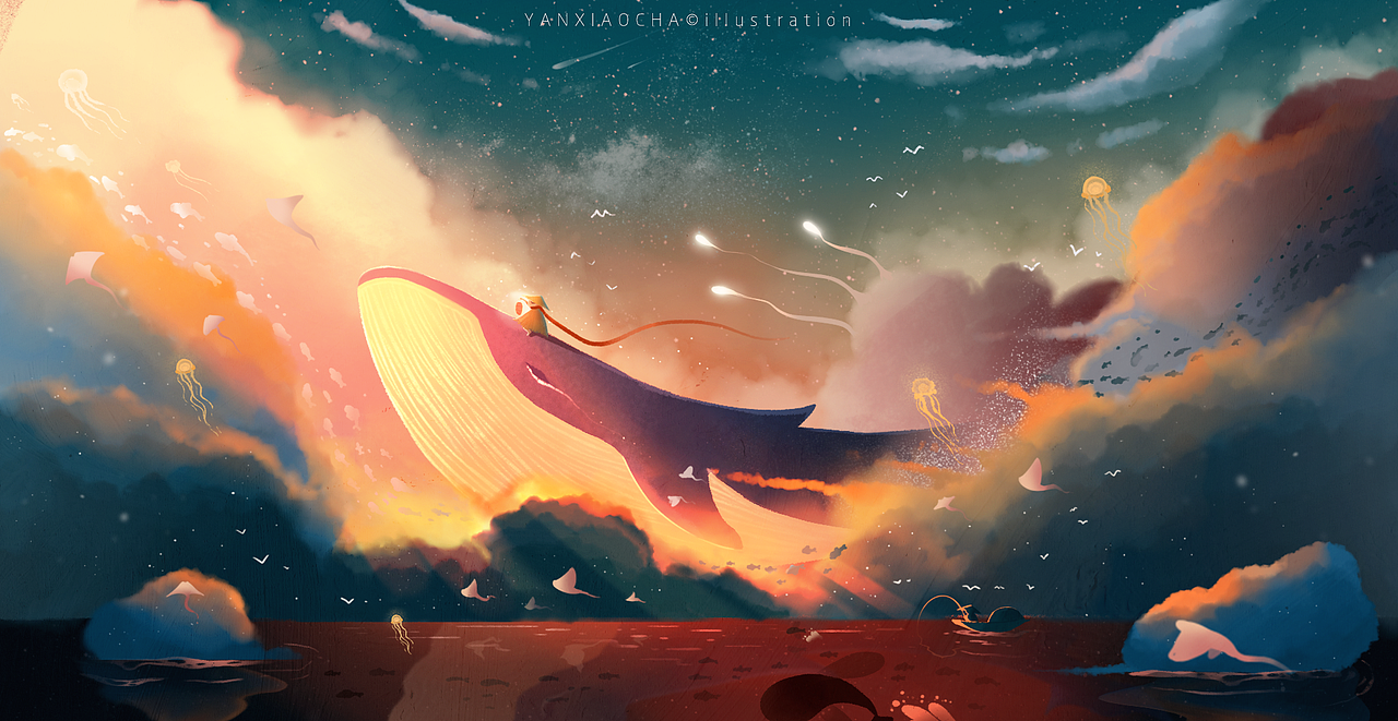 “云鲸落海”（图ZMjIzMDA4Mjcy） - 商业插画 - 站酷设计师岩小茶原创素材 - 站酷ZCOOL