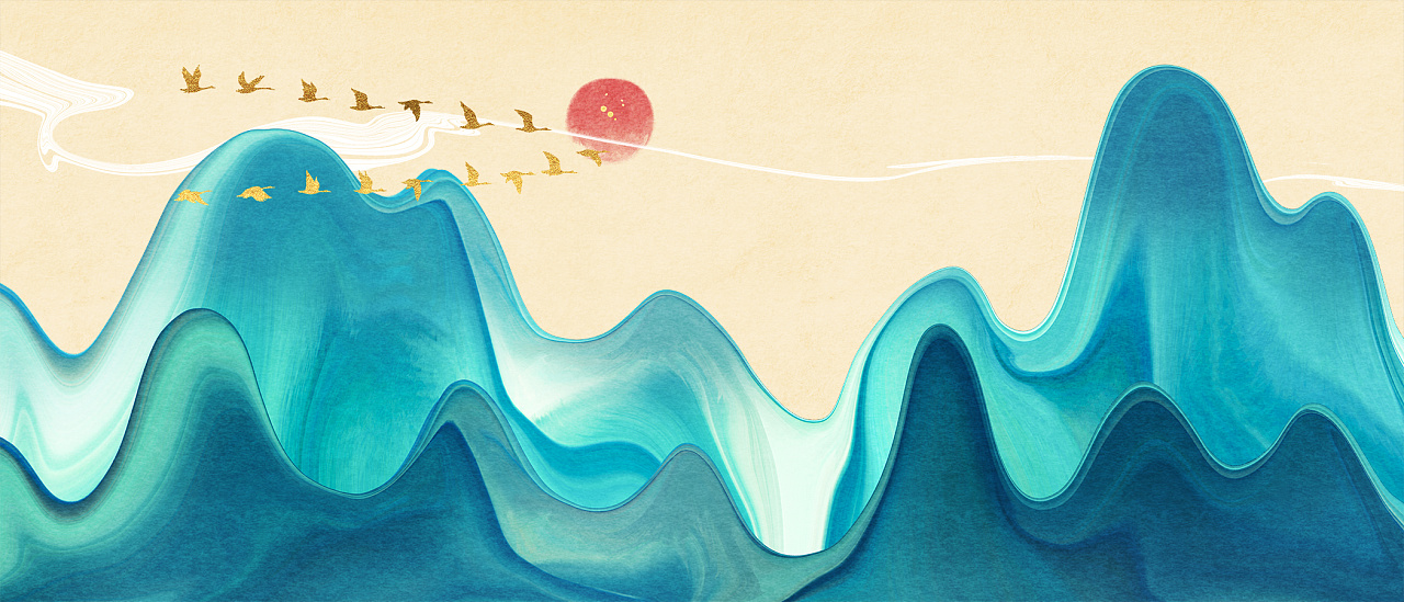 中国风新中式水墨山水风景装饰插画