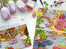 圣诞节手绘水彩明信片设计