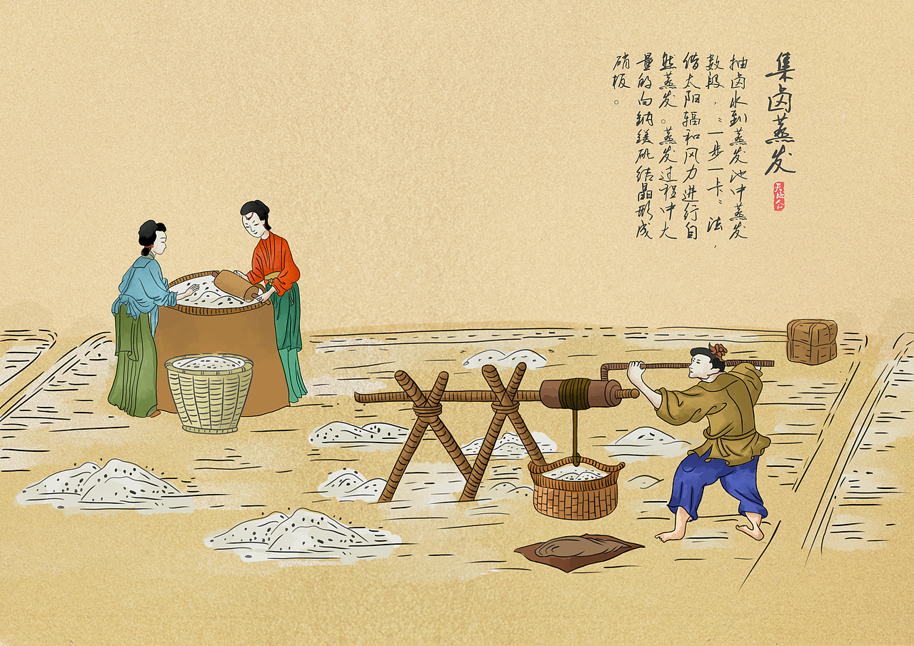 盐湖制盐五步法插画设计
