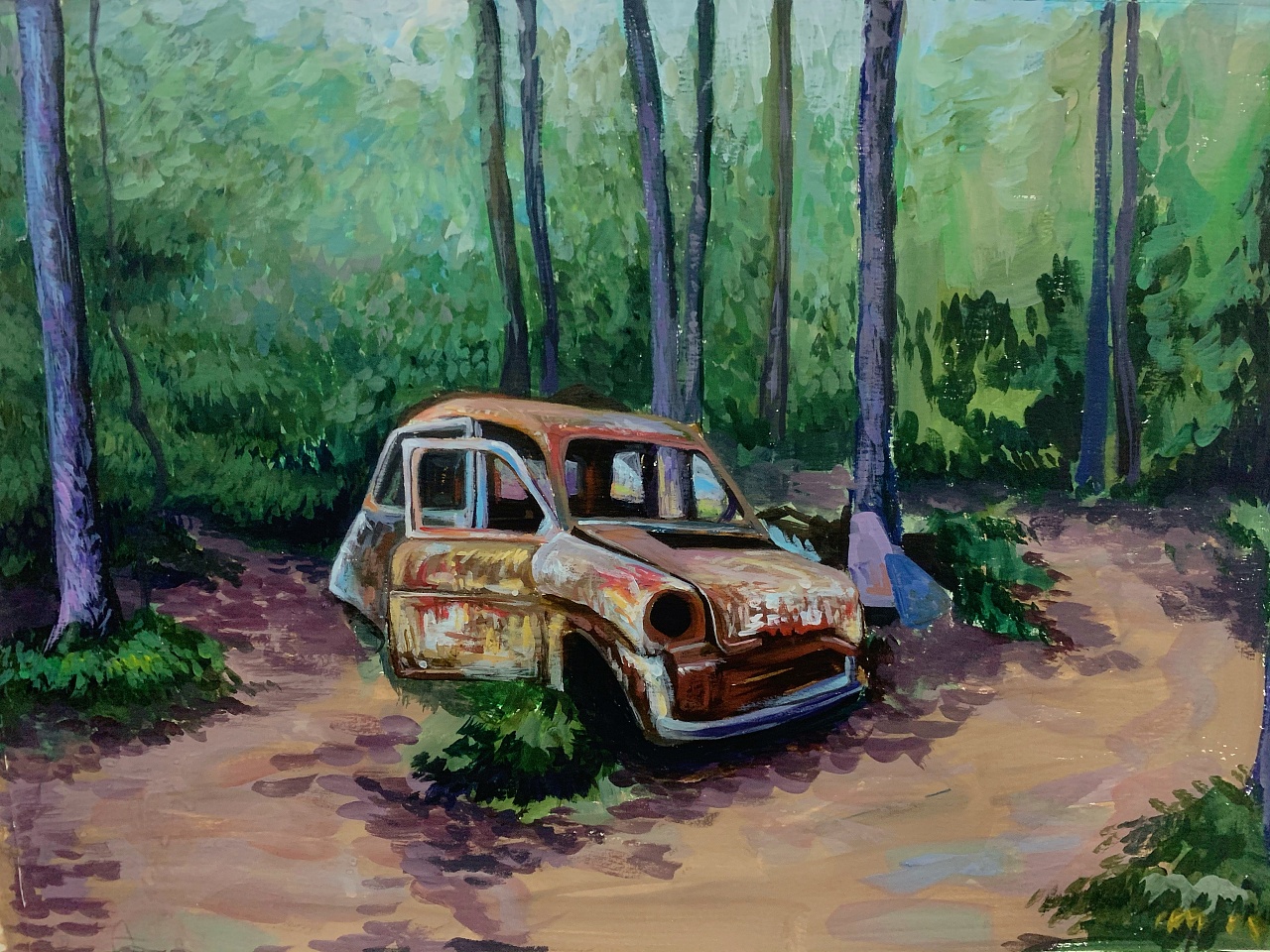 水粉画 森林 废弃汽车