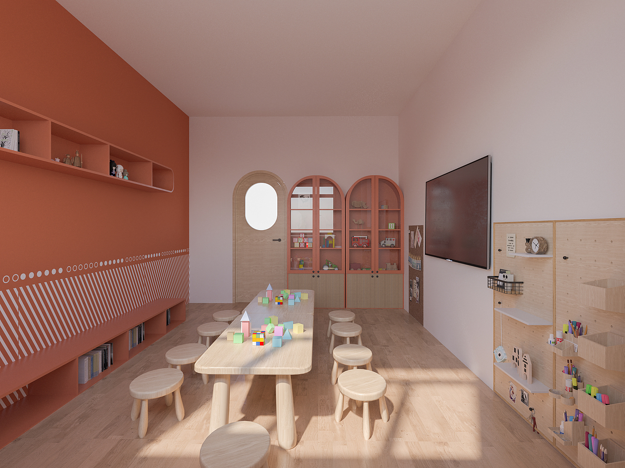 二楼美术教室 br>幼儿在成长过程中会需要接触不同色彩,质地的材料