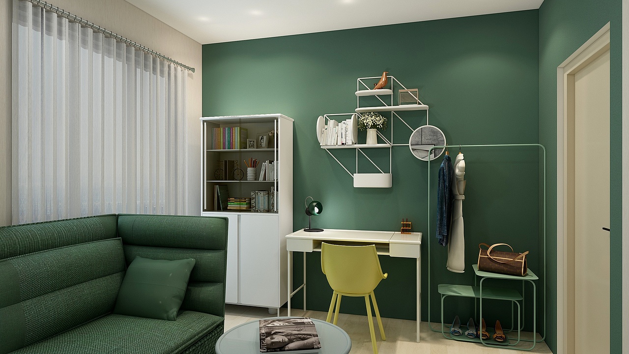 书房配色更加沉稳。工作区的墙面使用沉静柔和的绿色,配合脂灰色的美术馆书柜和星云置物架,既满足了功能上的需求,同时柔和的对比配色也使得这面墙从视觉上自成一景。