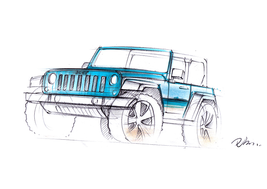 用蓝色马克笔去绘制车身的基本颜色.