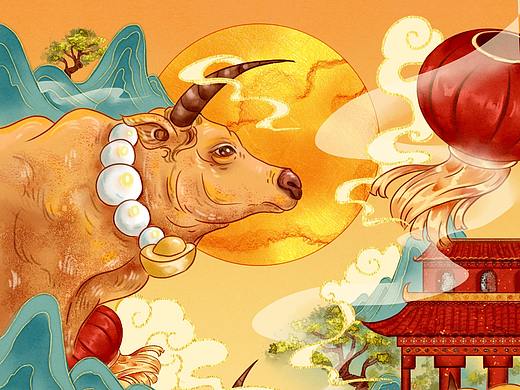 国潮古风牛年新年生肖吉祥发财节日海报