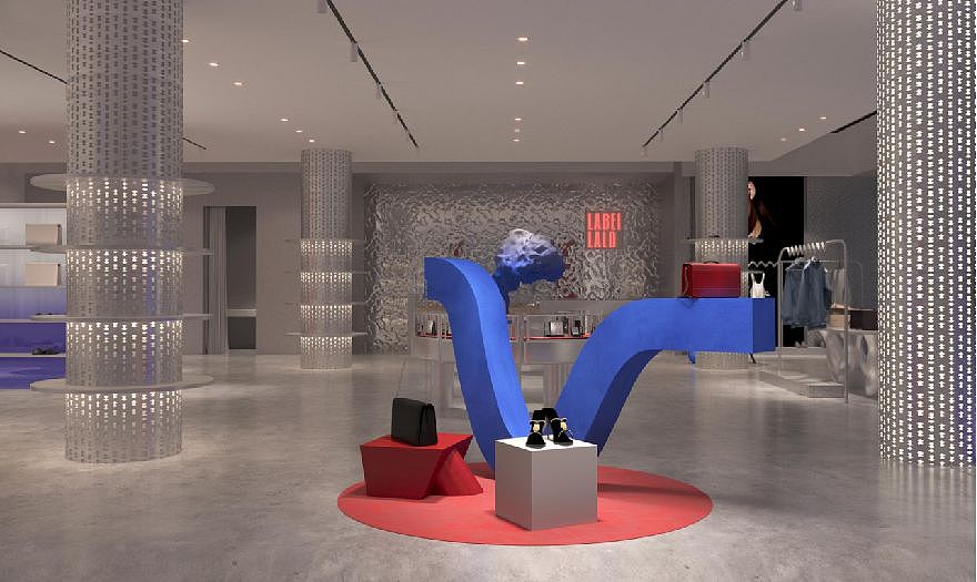 整个空间的格局开放通透,令人的视觉得以延伸,时髦而独特。
展示装置配色上加入视觉冲击强烈的蓝色与红色,在其简约基调上尤为耀眼凸显,完美的诠释“简时髦、轻优雅、趣味性”。