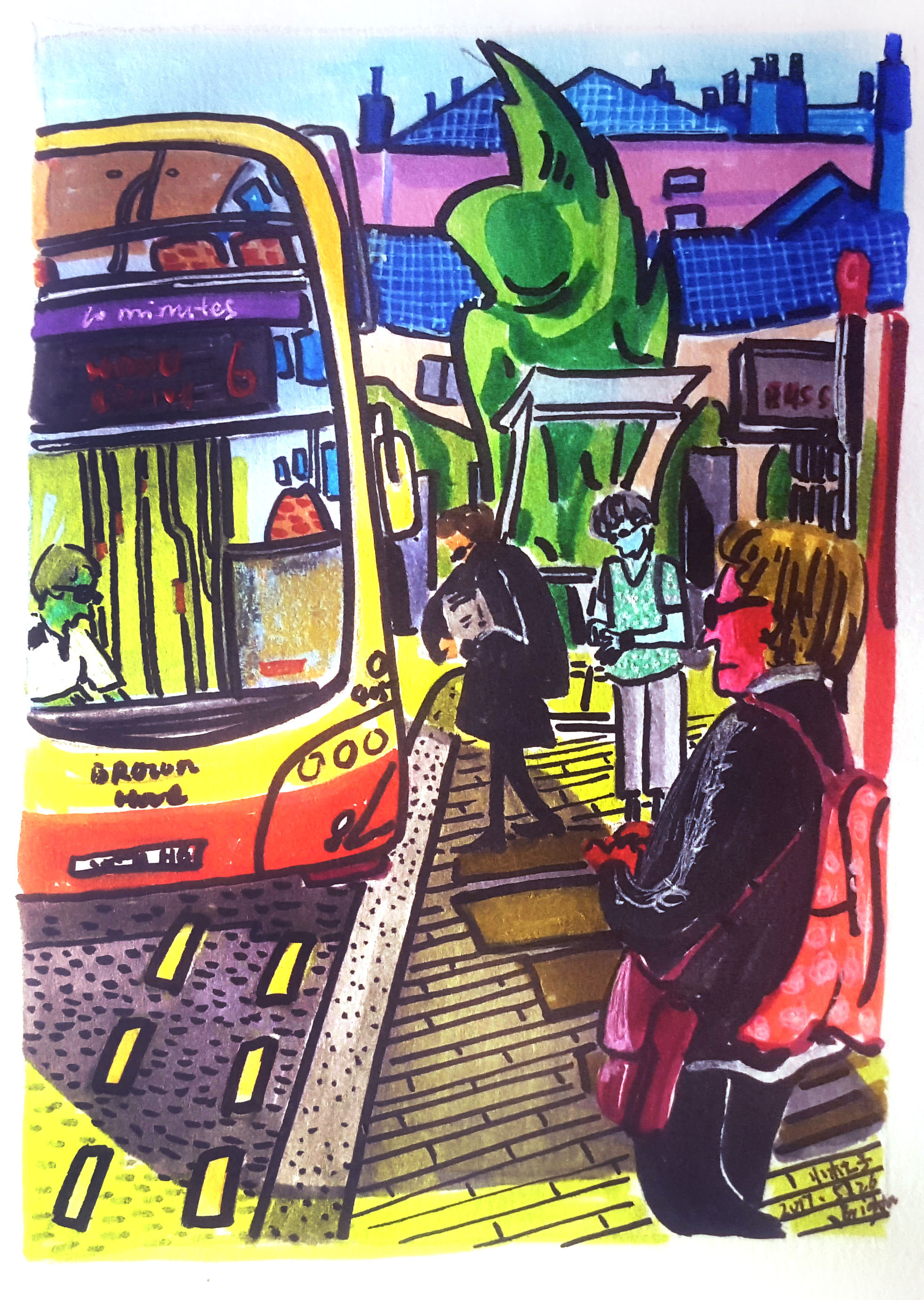 六年级公交车站台绘画图片