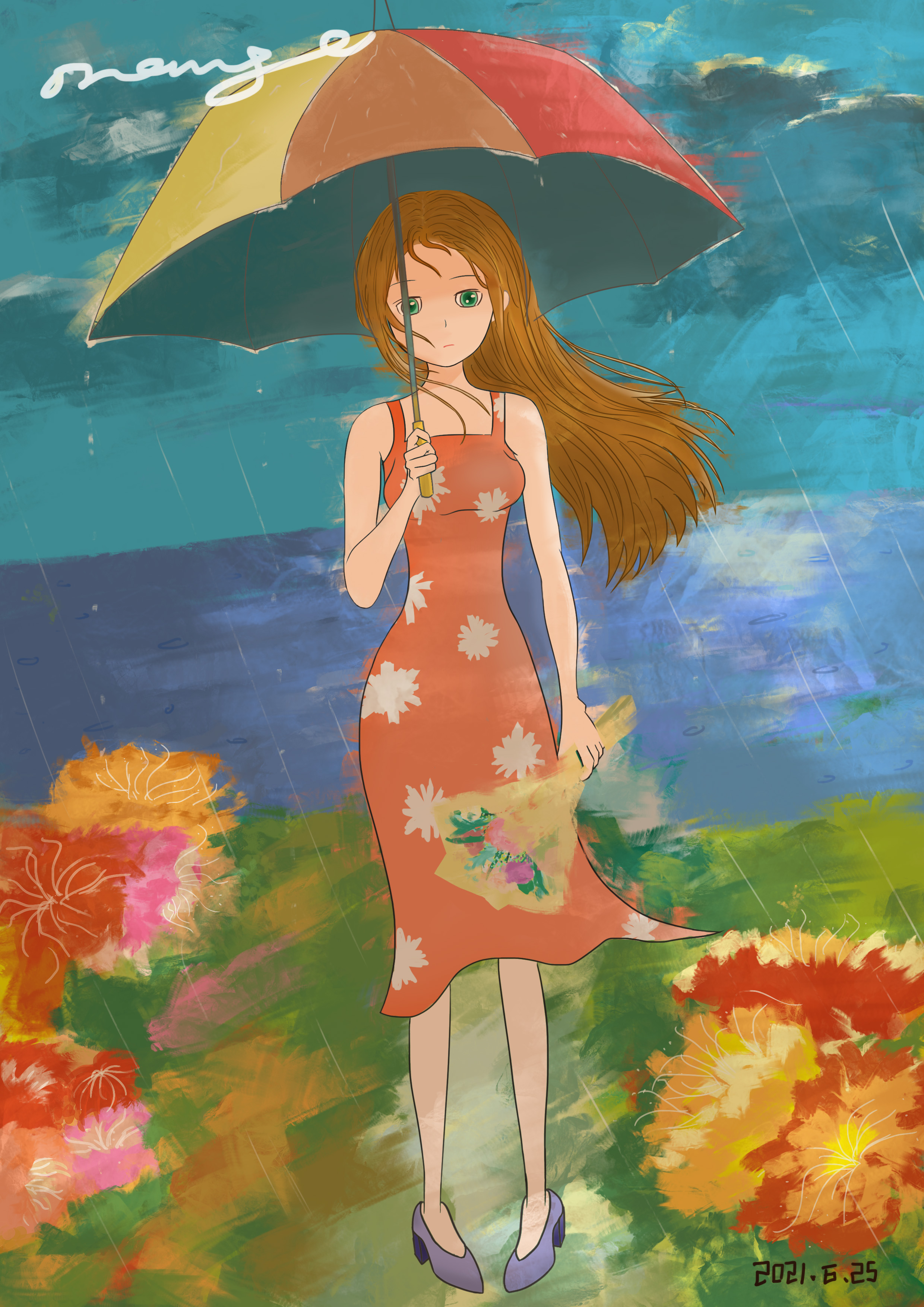 下雨撑伞的女孩