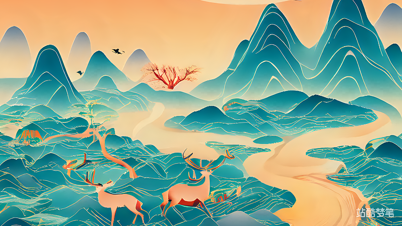 #站酷梦笔#一座山一条河一只鹿（图ZMzI3Njg5ODEy） - AI作品 - 站酷设计师1点vision原创素材 - 站酷ZCOOL