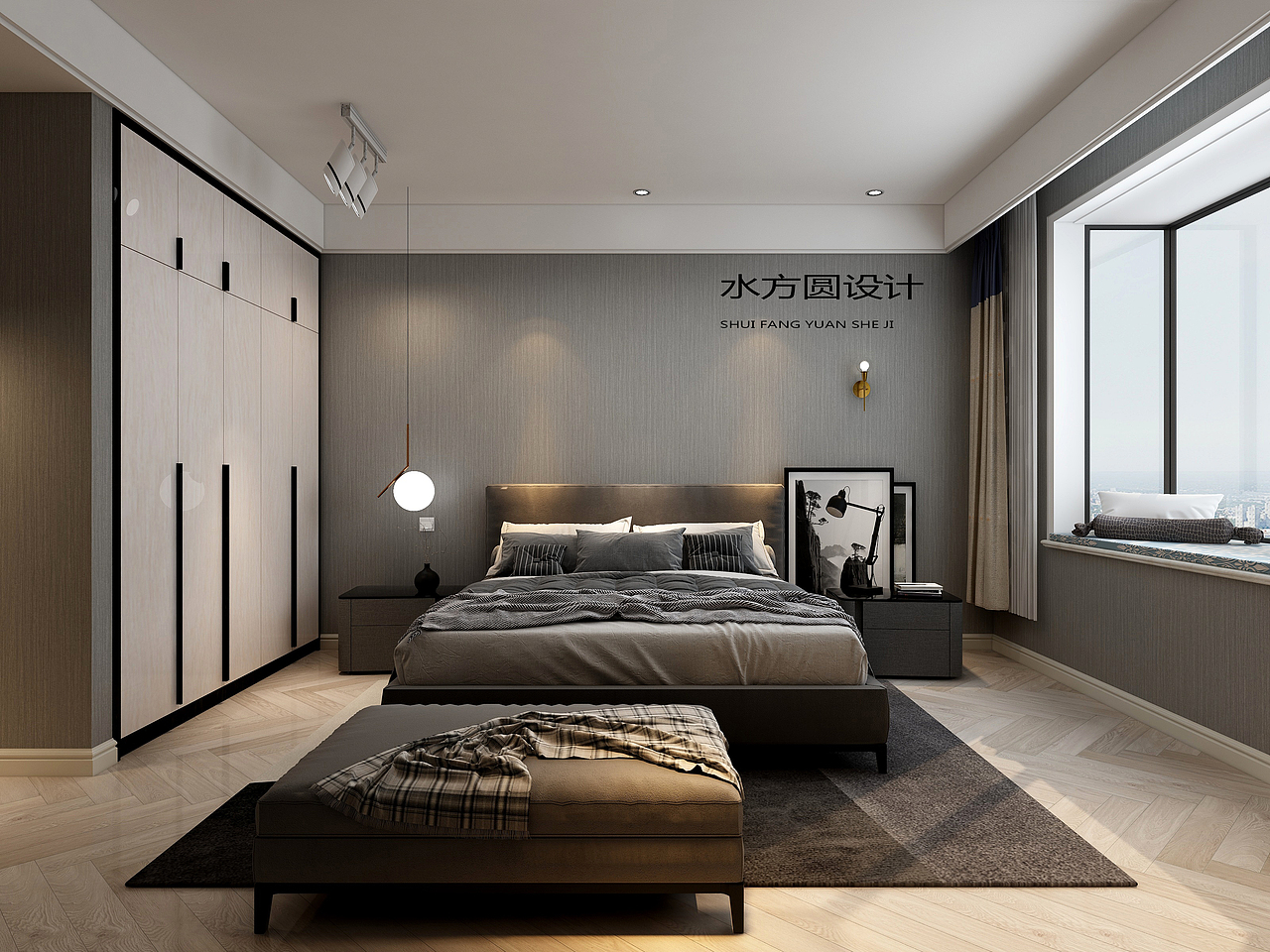 休息的空间应沉一些，所以选用了深色的壁纸