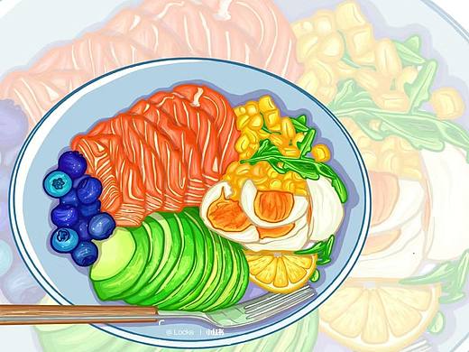 减肥早餐大满足｜三文鱼牛油果🥑沙拉🥗（个人主页-ZNjQ2NDYwODQ=） - 商业插画 - 站酷设计师CC妈咪原创素材 - 站酷ZCOOL