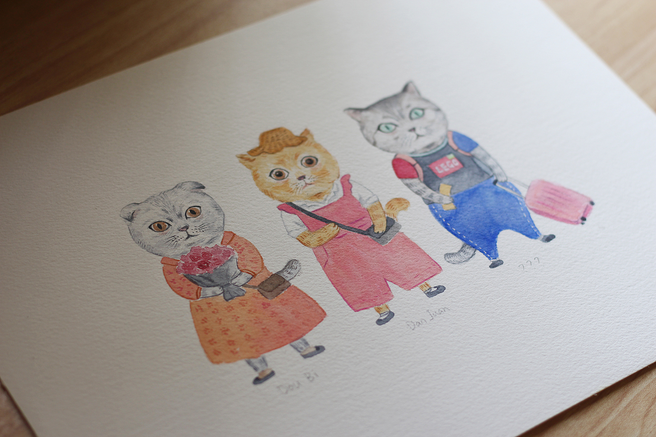 送给朋友的插画，画的是她们家的三只小猫，穿着她的衣服。