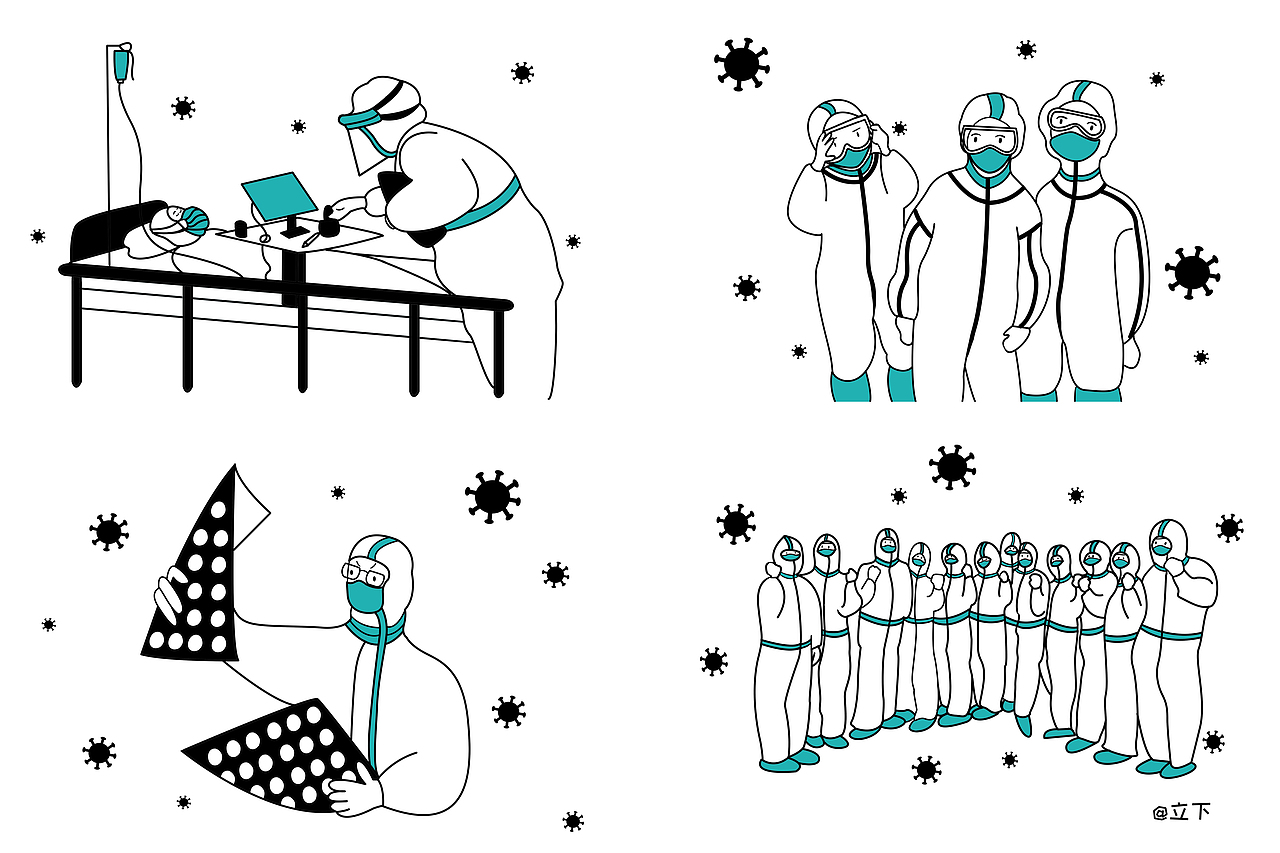 抗肺炎疫情一线医疗护士线条风格插画