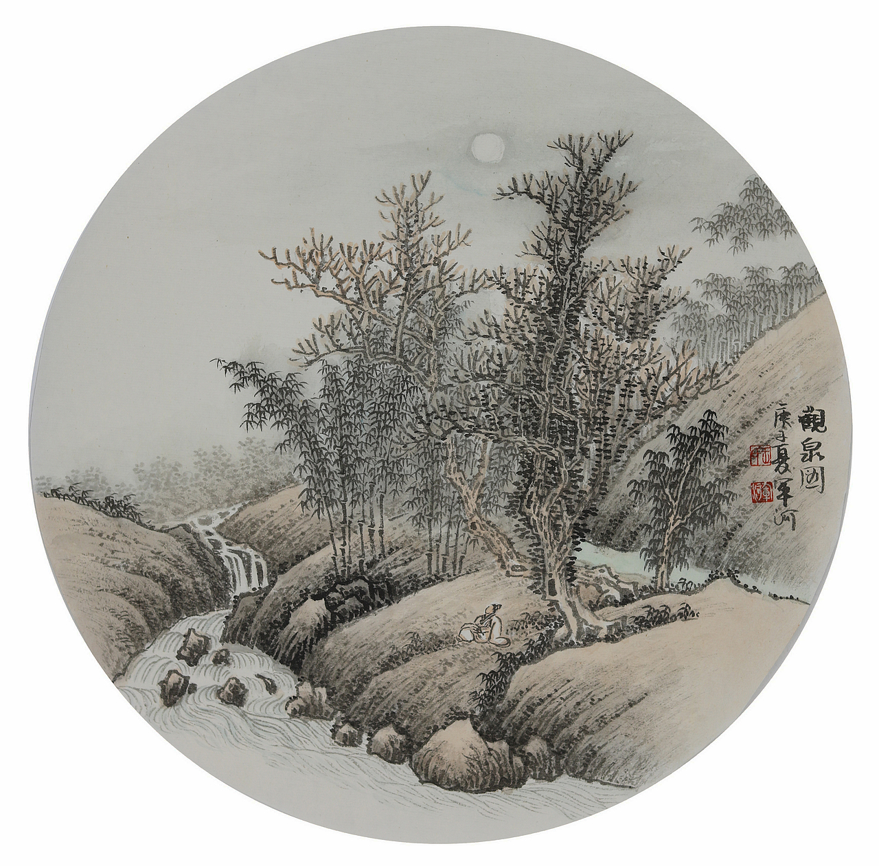 国画山水团扇 青绿山水画家王军河作品