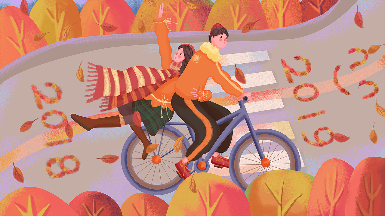 秋冬情侣骑自行车温馨扁平肌理插画