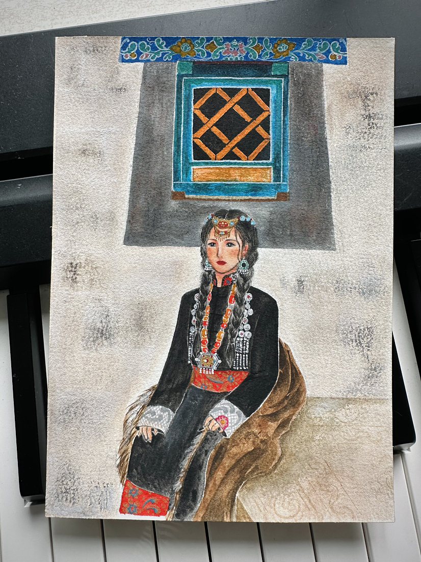 手绘:藏族姑娘。