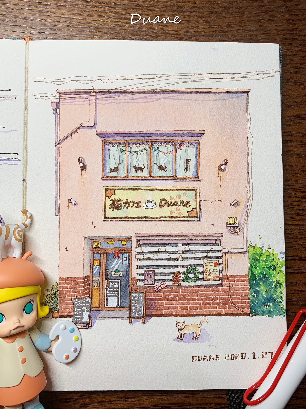 钢笔淡彩猫咖啡店