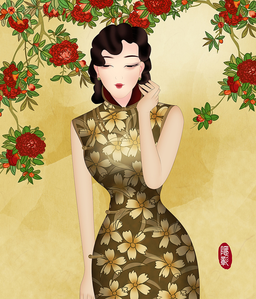 唯美古风下棋棋盘卷帘旗袍美人