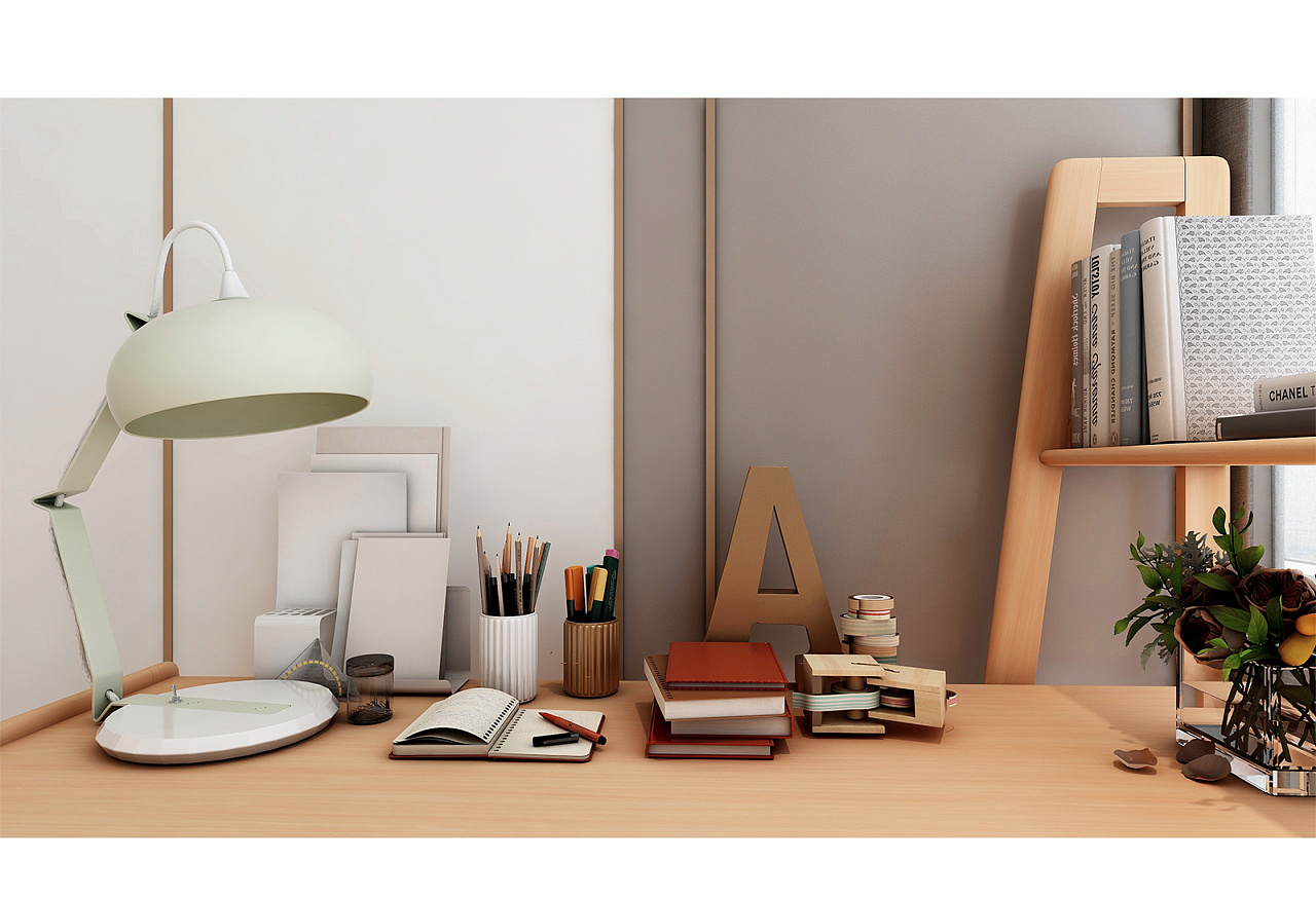 原木电脑桌椅桌子建模渲染效果图