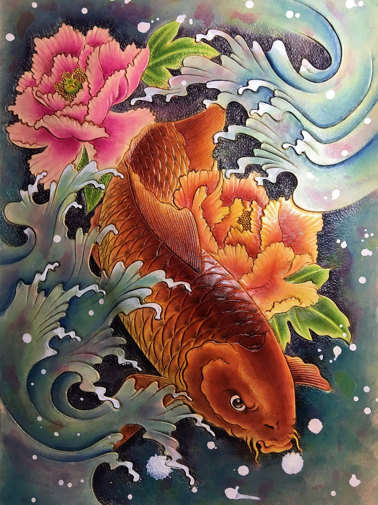皮雕画—-锦鲤牡丹