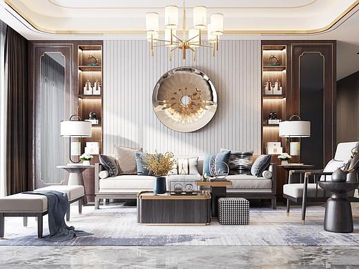 新式中式风客厅全景效果图设计