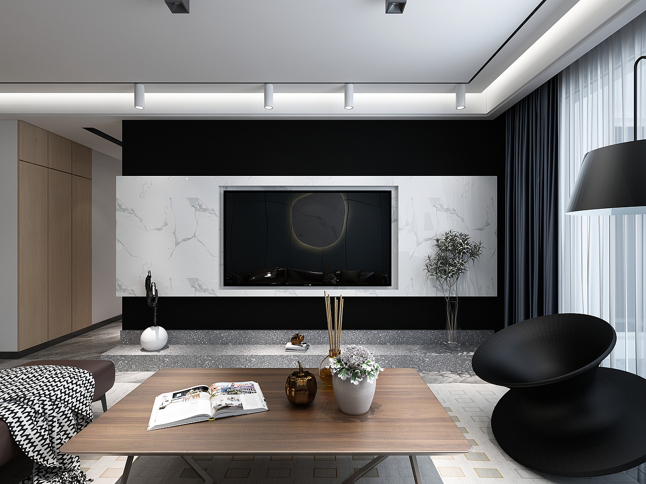 客厅采用黑色乳胶漆打底,白色灰纹大理石作为中间穿插装饰,聚齐黑白灰经典色彩。