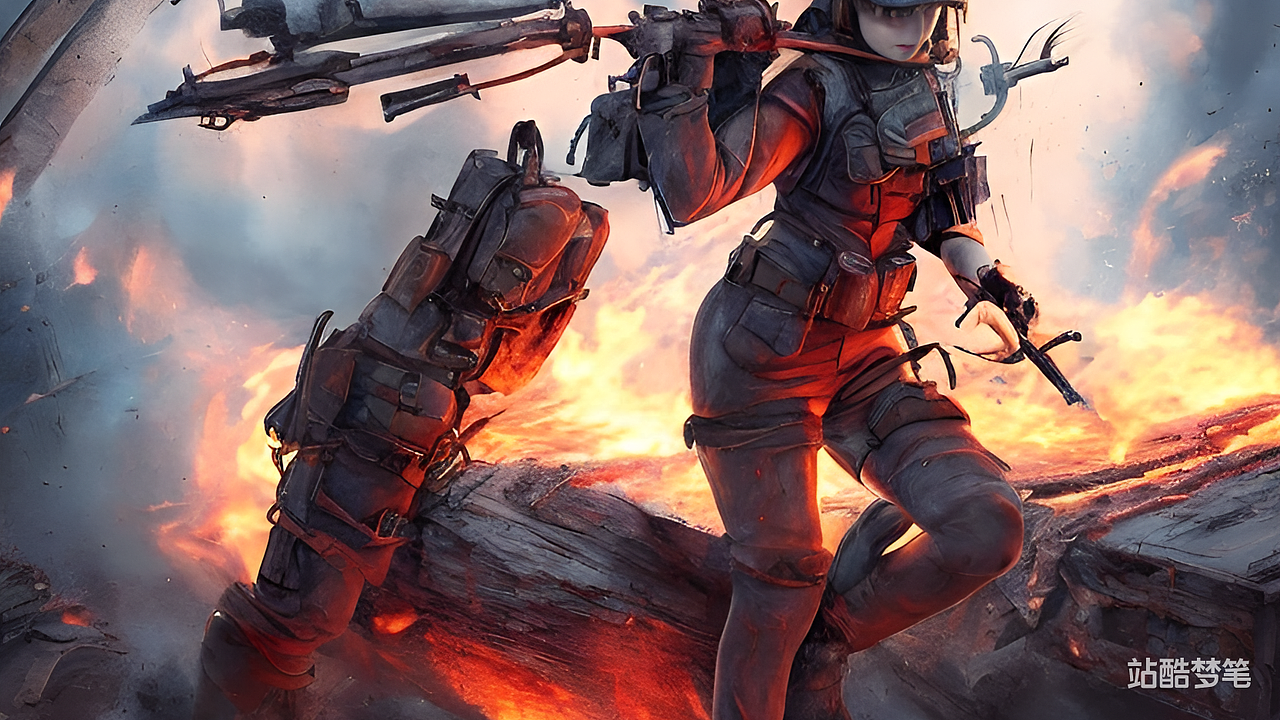 #站酷梦笔#半机械女孩拿着刀背对着战场,火光爆炸