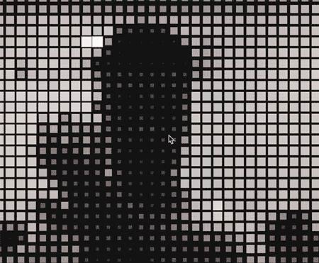 把画面用一排一排的小格子划分，通过摄像头识别画面，深色区域的地方格子变小，浅色变大，形成画面。
附线上试玩地址（需摄像头）：https://editor.p5js.org/eleven/full/Hyma0qSwQ