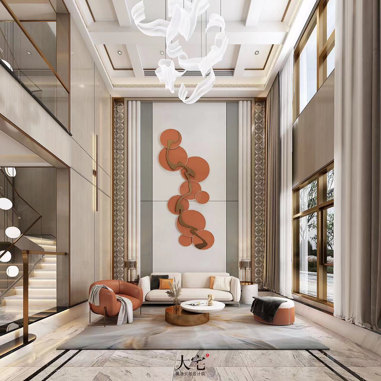 整个客厅的视觉都聚焦在超高挑空的水晶吊灯上,大气高级
爱马仕橙的色彩点缀使空间整体氛围更上一级,极具奢华高级感