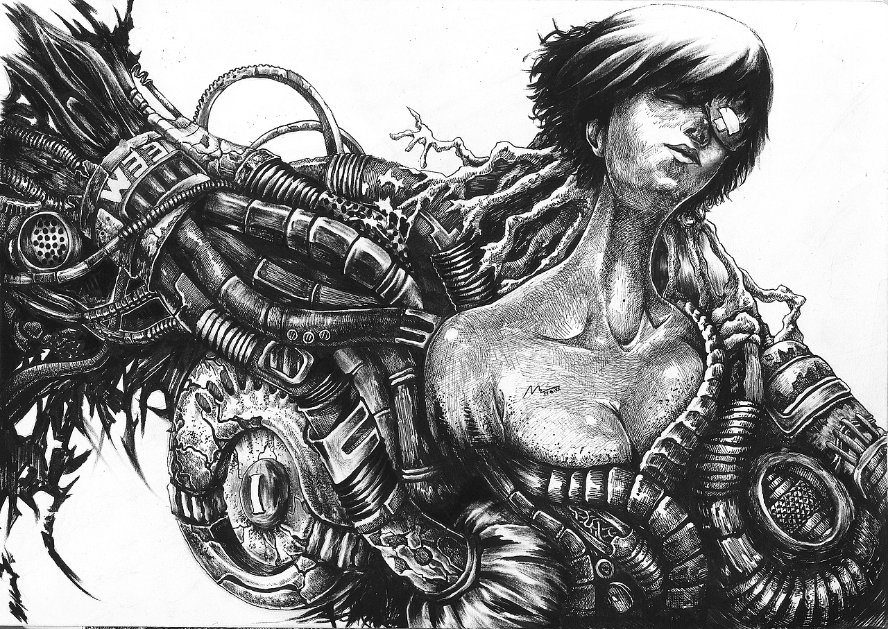 Another Reflection 17.6.23
针管笔原稿的皮肤和金属的质感区分仍不够明显,也有自己比较顽固地用0.1mm的unipin抠皮肤细节而不用铅笔做效果的后果~<br>