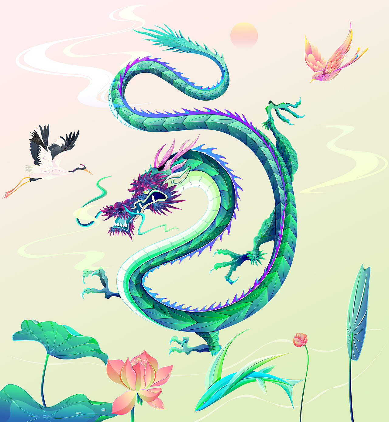 插画 龙 鹤 荷花 鱼 荷叶